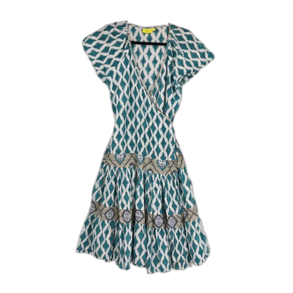 Roberta Roller Rabbit Green White Pattern Wrap Mini Dress  Women’s Size Medium - Picture 1 of 9